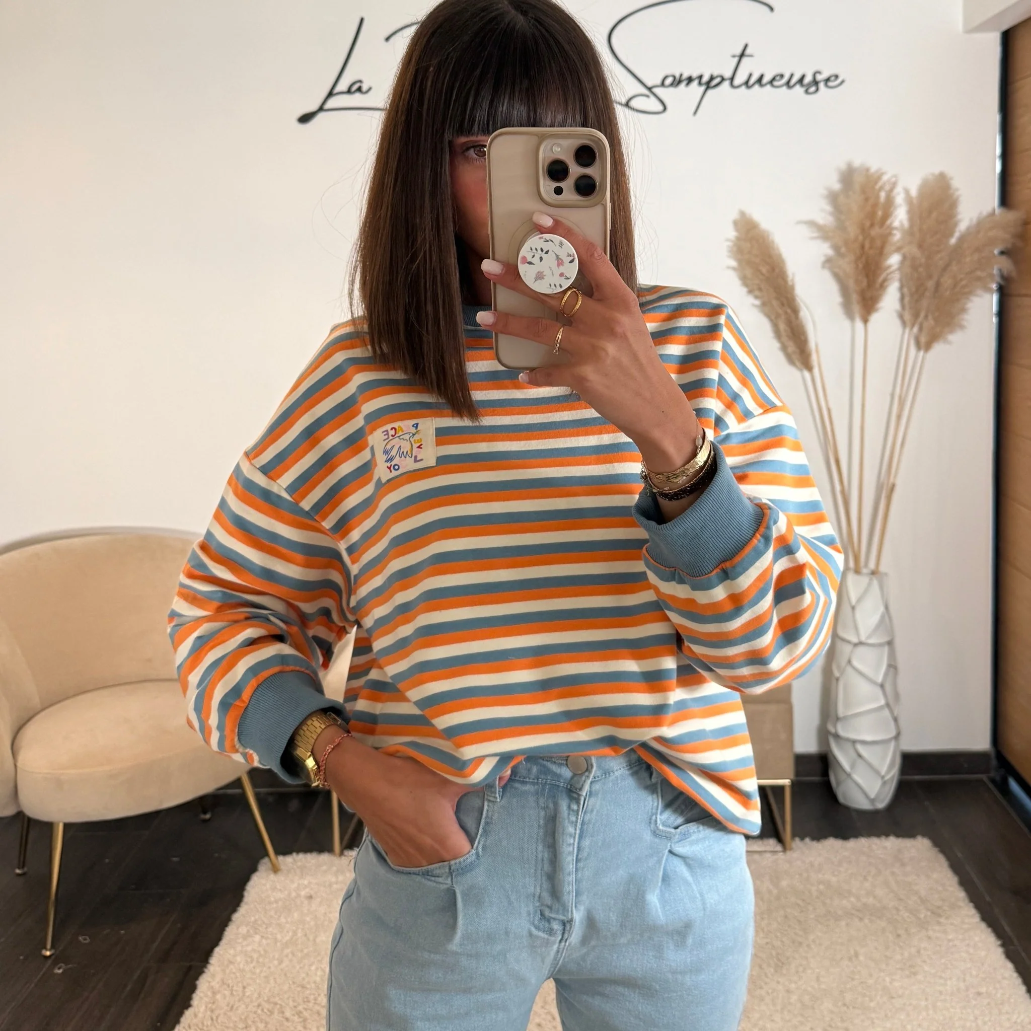 PULL RAYE ORANGE ET BLEU JOY