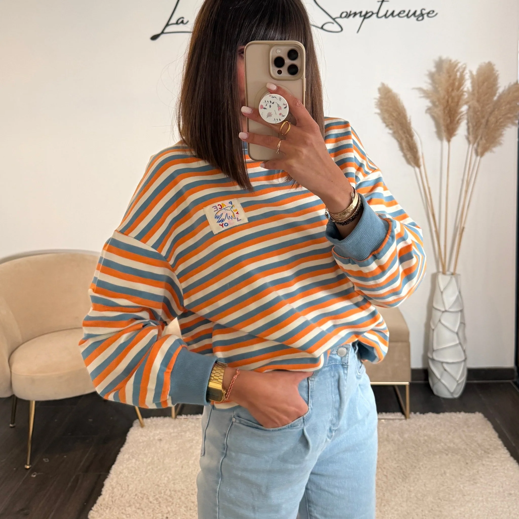 PULL RAYE ORANGE ET BLEU JOY - Image 3